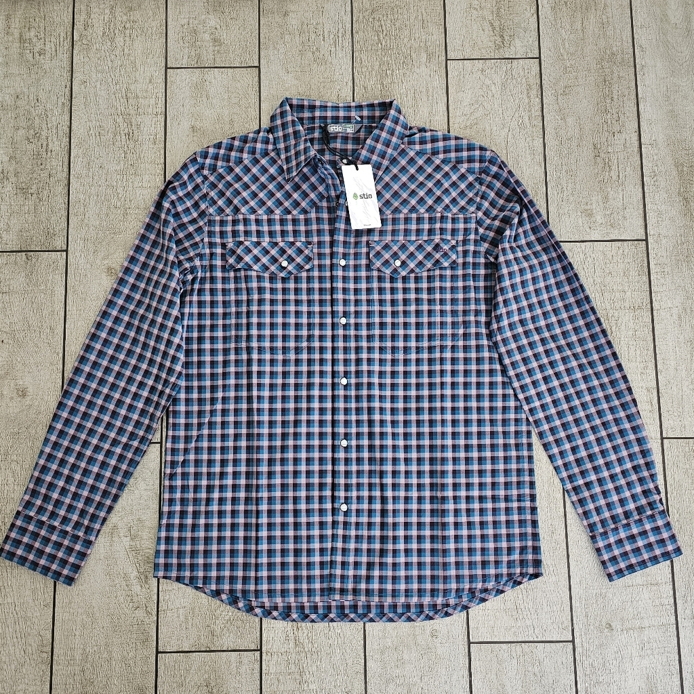 Stio Eddy Long Sleeve Shirt Mens Blue Check Hiking Outdoors Camping REI New NWT